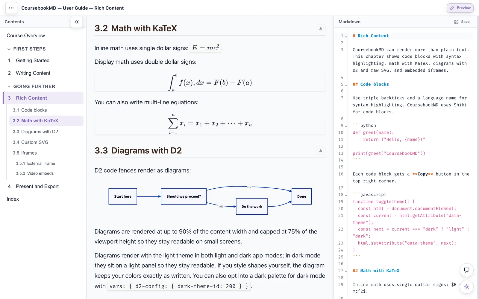 CoursebookMD Preview mode showing the Rich Content chapter with rendered equations and a D2 flow diagram beside its Markdown source.