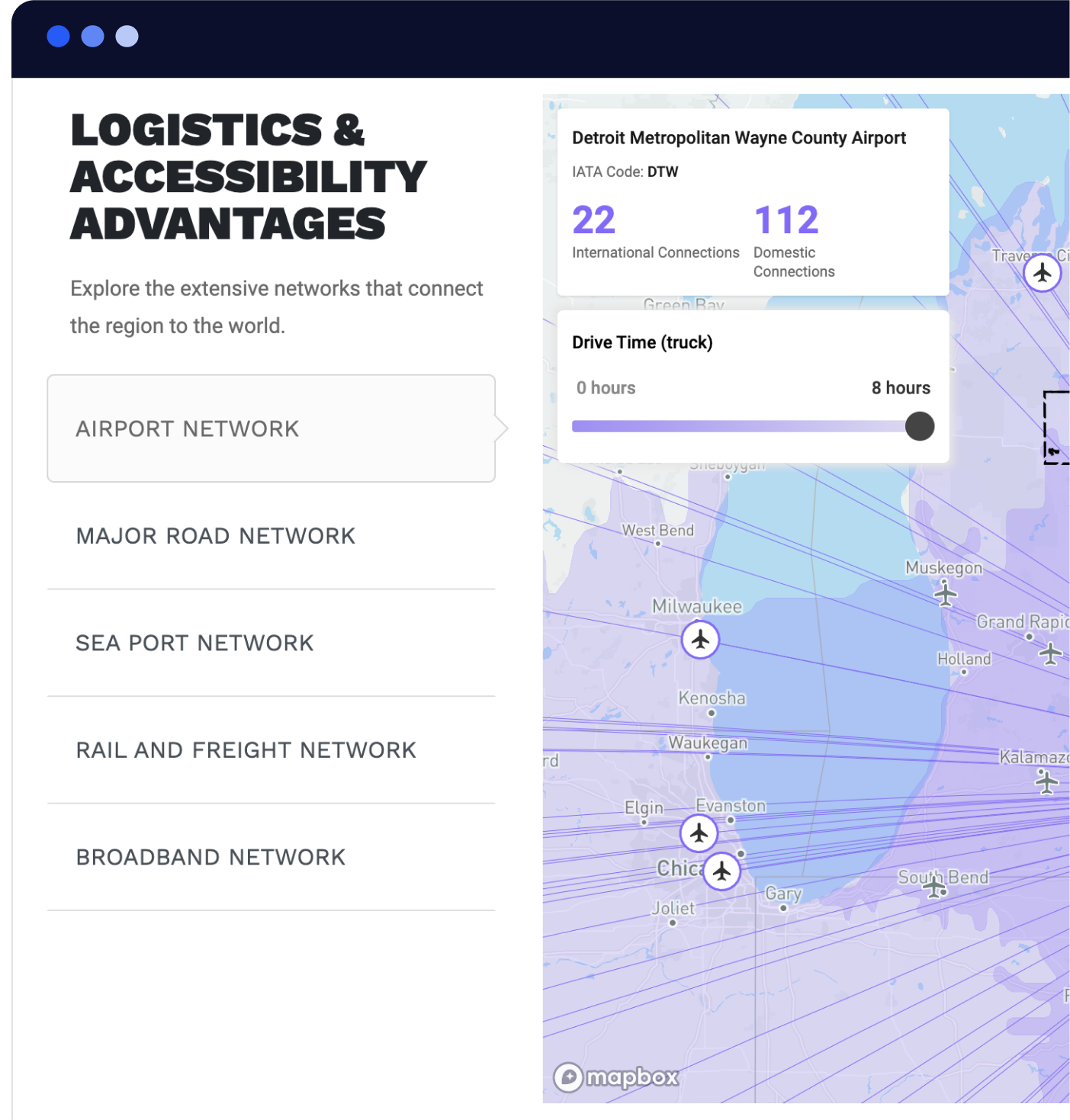 The Logistics and Accessibility Advantages interface, with transport-network controls beside an interactive map.