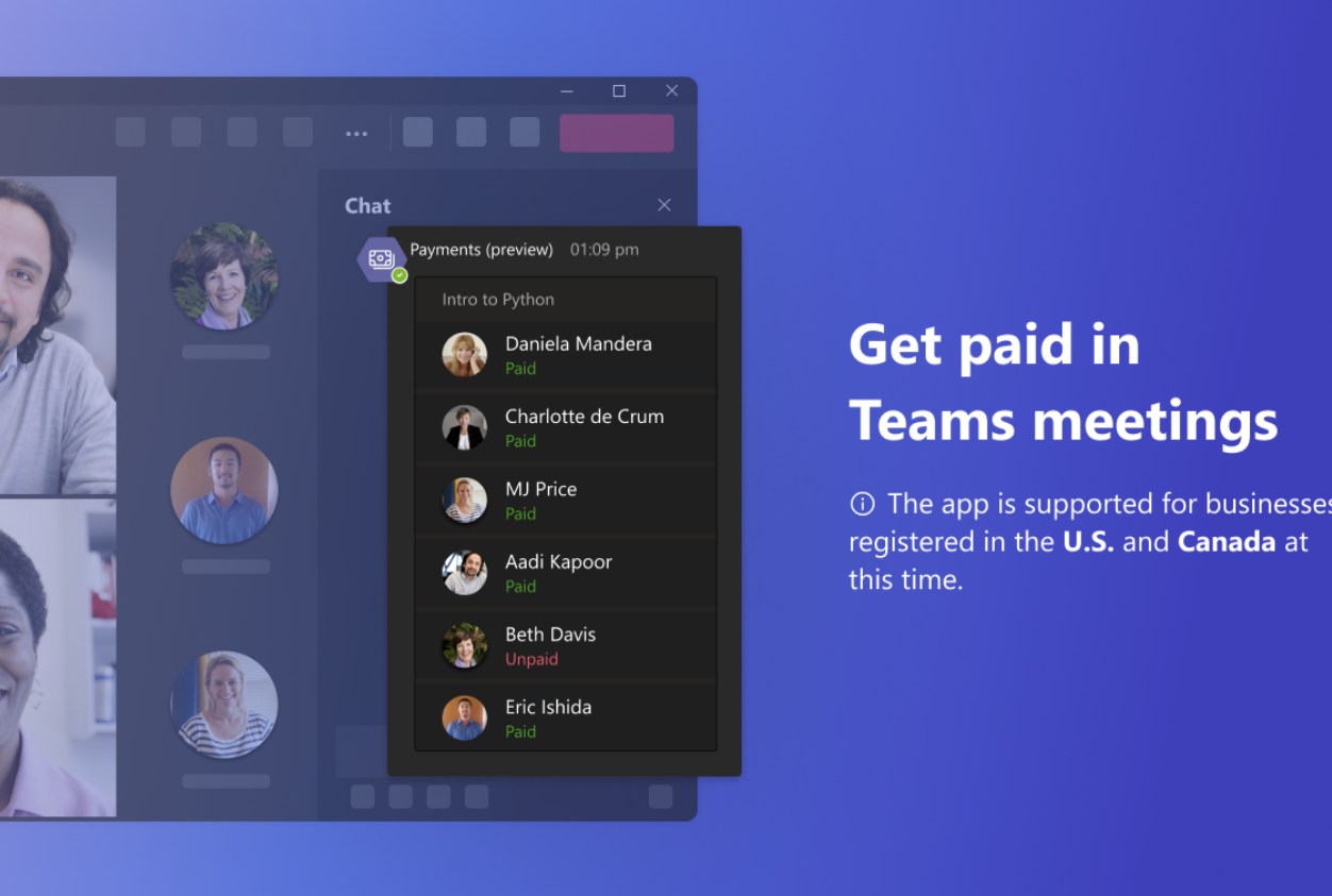 Microsoft Teams payment interface showing attendees' payment status during a meeting.
